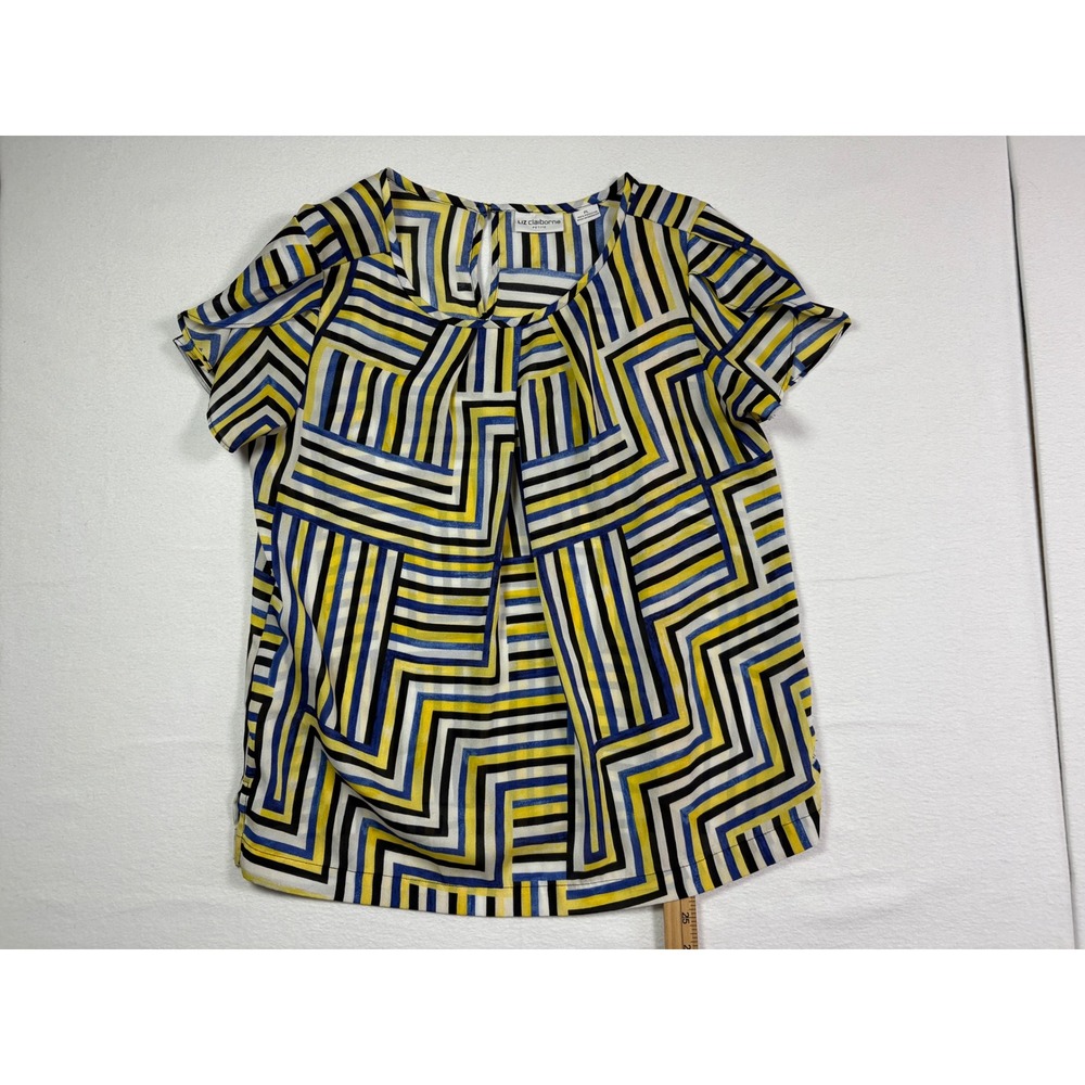 Liz Claiborne Petite PL Geometric Chevron Stripe Blouse Yellow Blue Short Sleeve